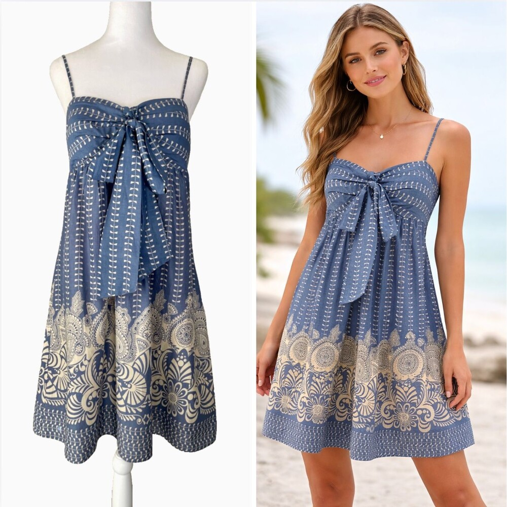 Y2K OC Oleg Cassini Babydoll Sundress Cotton Empire Waist Boho Border Print Sz 8